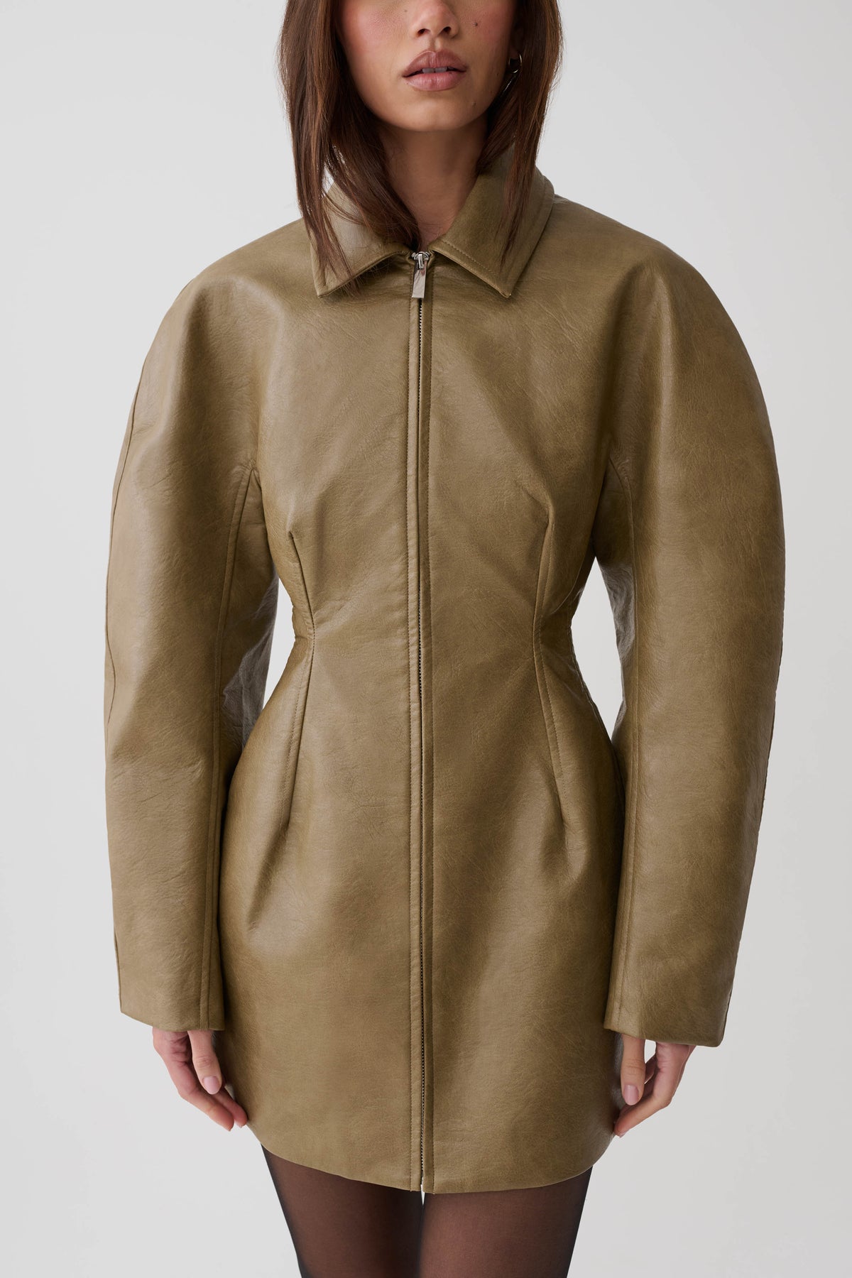 Jordana Faux Leather Mini Dress - Khaki