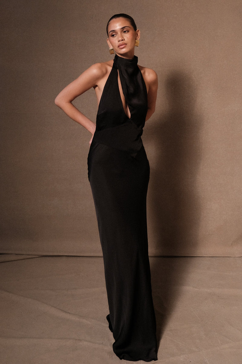 Black Satin Halter Maxi Dress