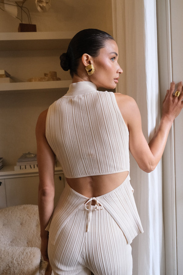 Collective Tops - Tanya Cut Out High Neck Top - Cream fourth image