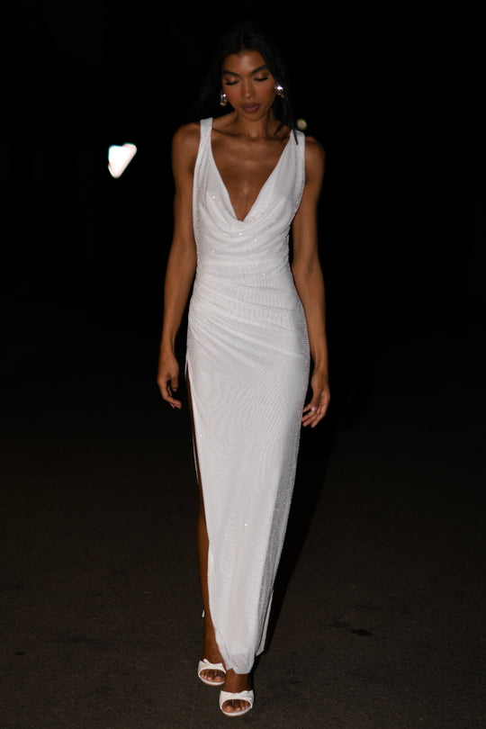 Shop Formal Dress - Laney  Hot Fix Mesh Cowl Maxi Dress - White featured image
