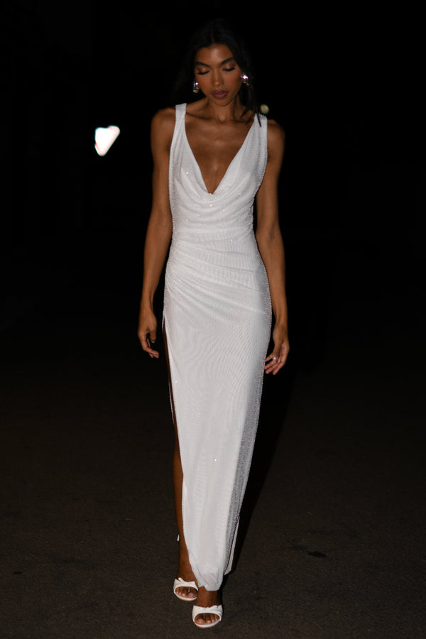 Shop Formal Dress - Laney  Hot Fix Mesh Cowl Maxi Dress - White secondary image