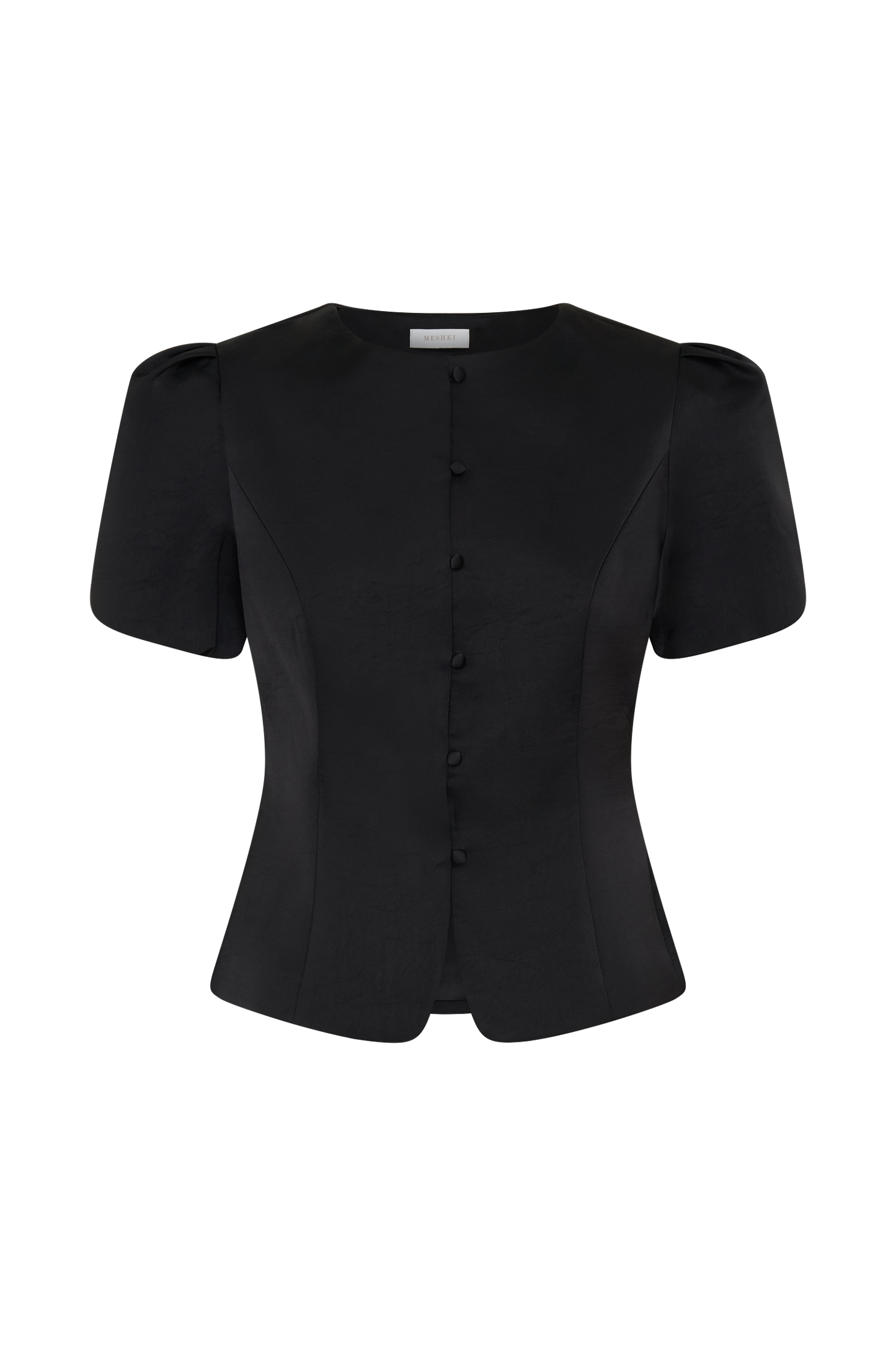 Anne Short Sleeve Satin Top - Black