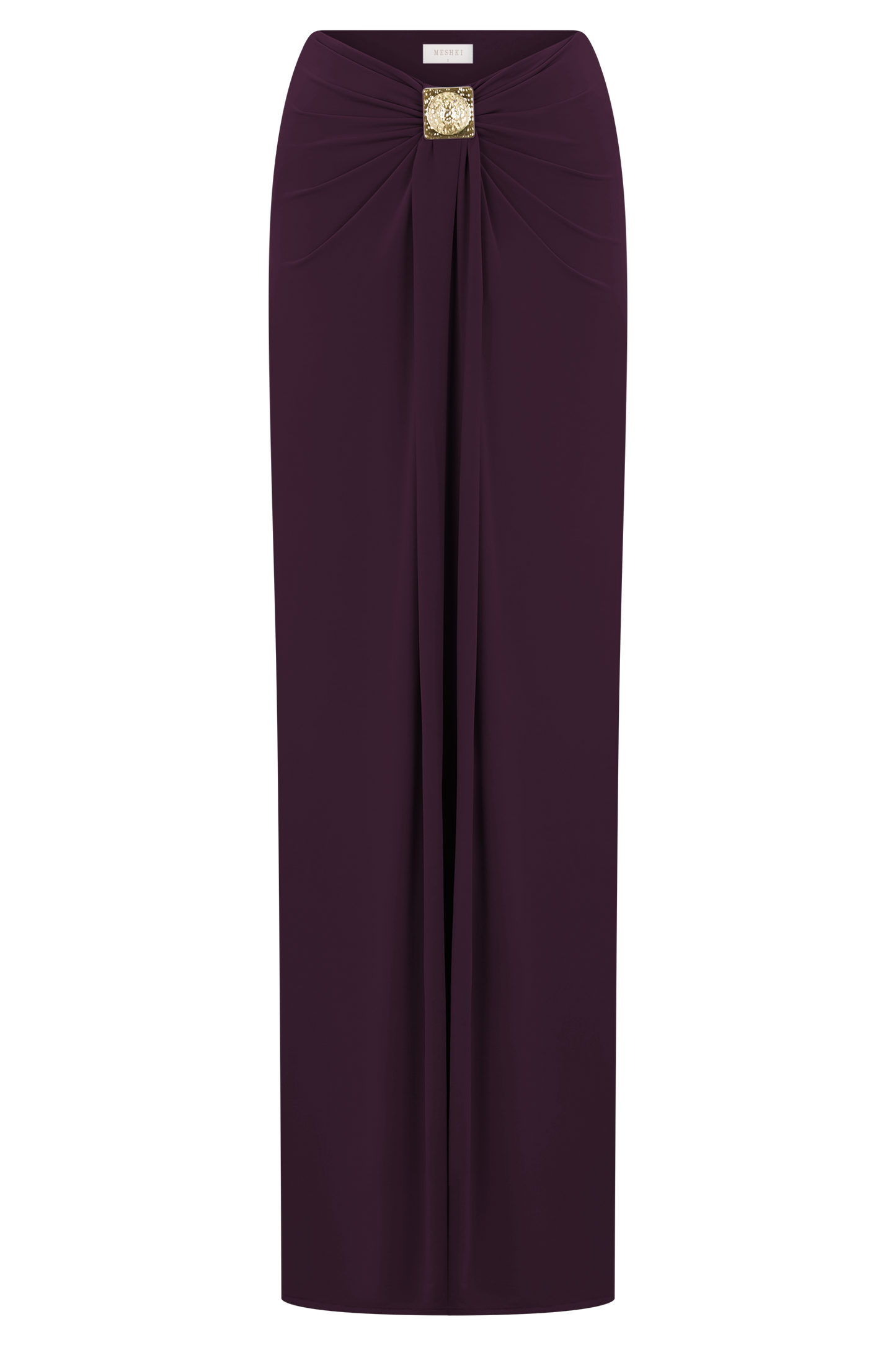 Erina Slinky Ruched Maxi Skirt With Hardware - Aubergine