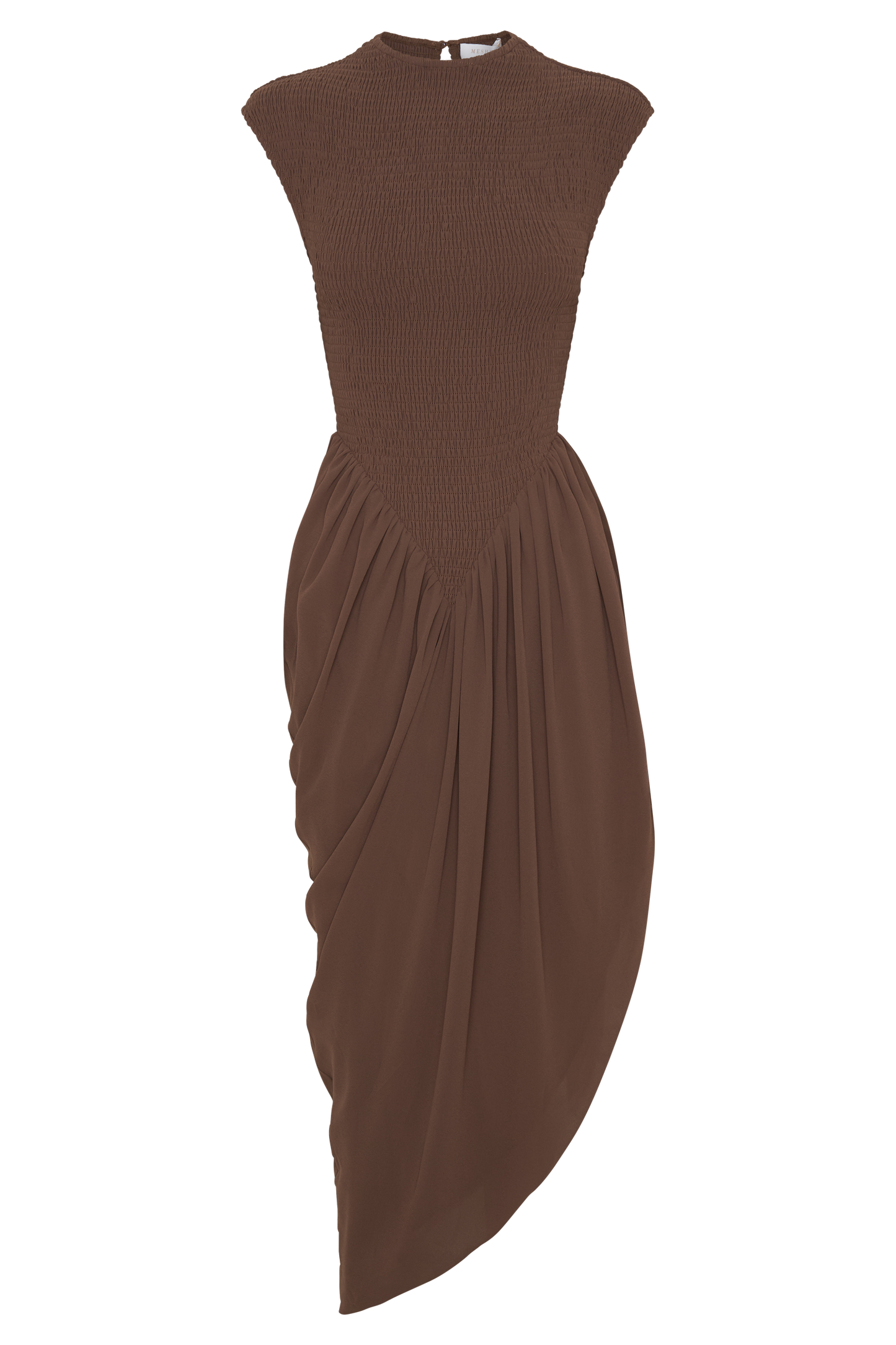 Nola Shirred Asymmetric Midi Dress - Mocha