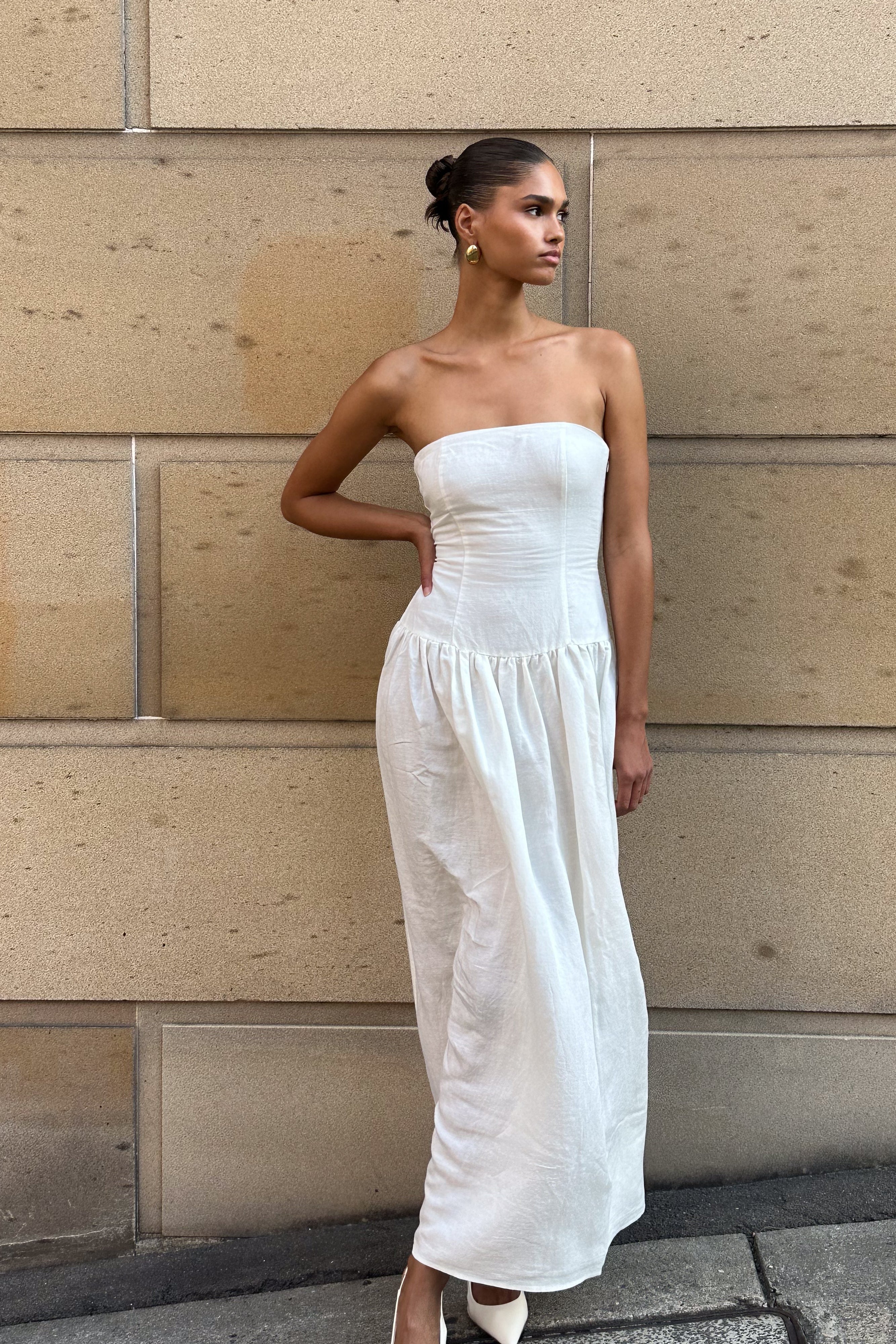 Audrina Strapless Linen Maxi Dress White MESHKI - Main Image