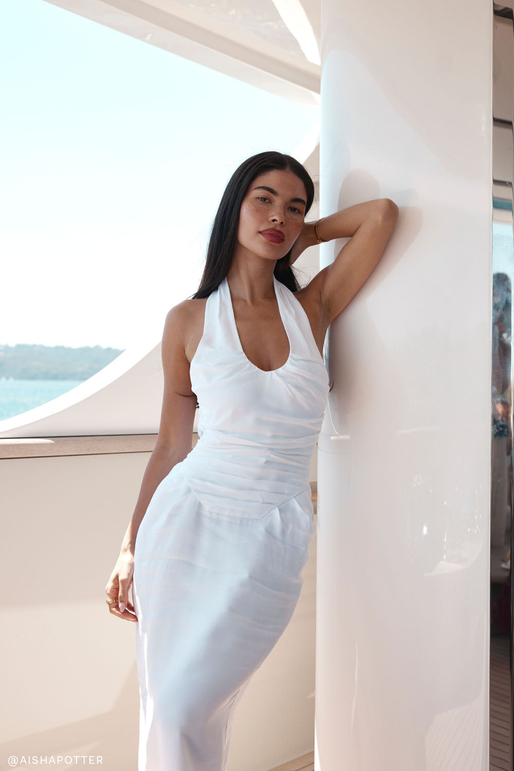 Daniela Ruched Halter Midi Dress - White | MESHKI