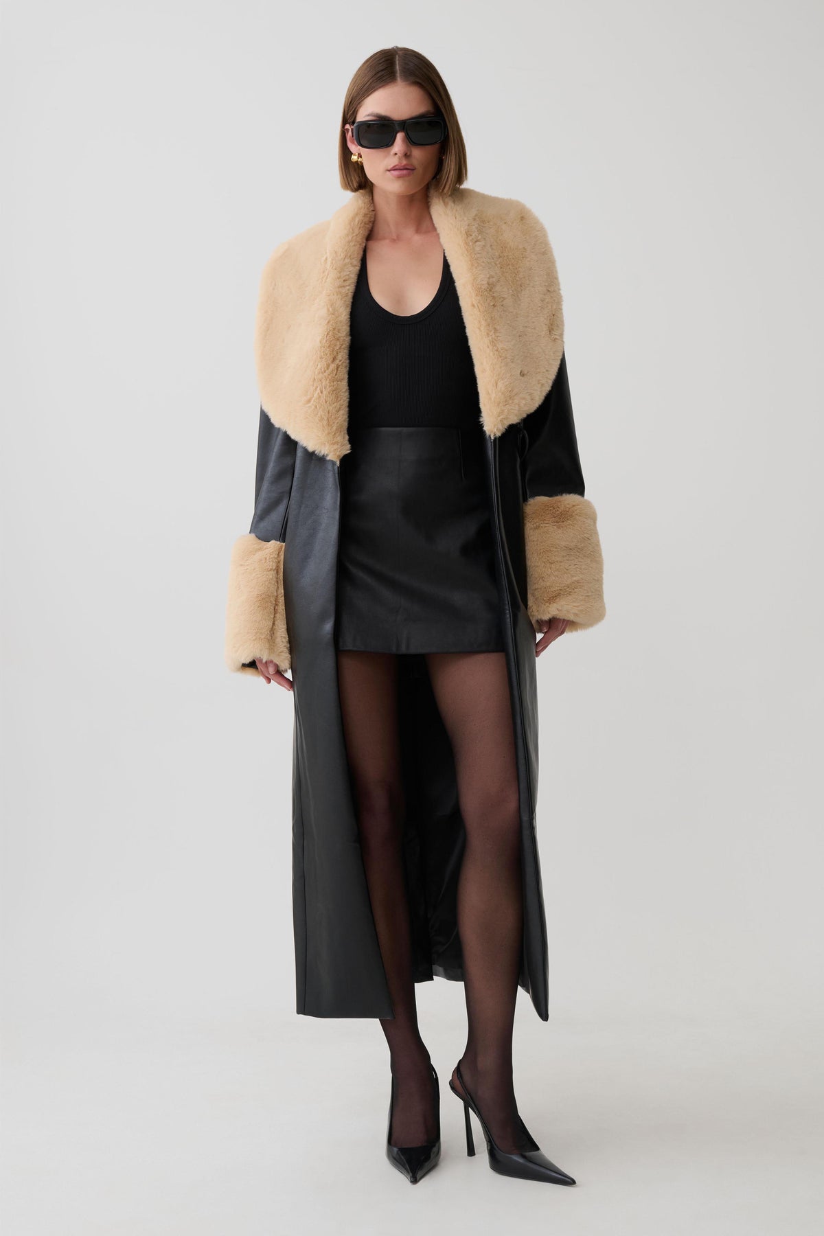 Bec Faux Leather Trench Coat With Faux Fur - Black/Beige