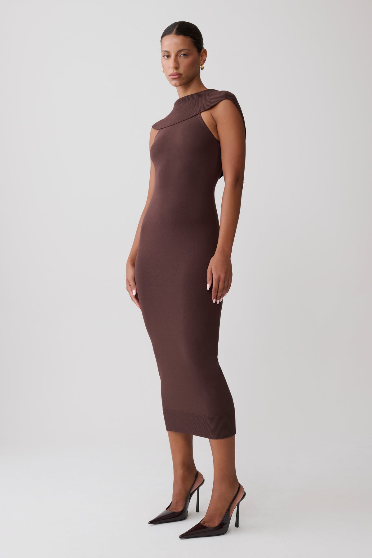 Ellen Ribbed Midi Column Knit Dress - Chocolate