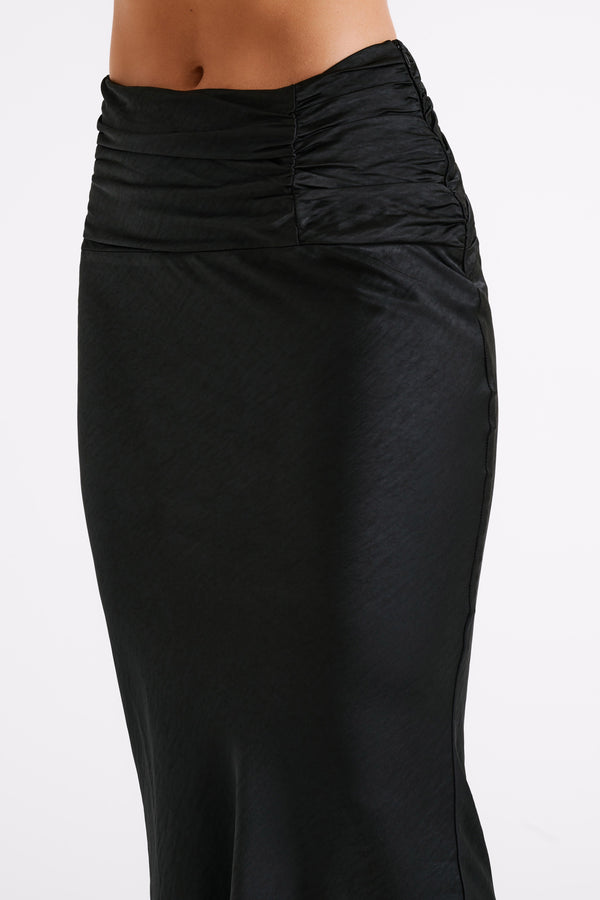Khalani Ruched Satin Maxi Skirt - Black