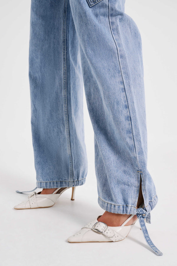 Thelma Relaxed Denim Cargo Pants - Mid Blue