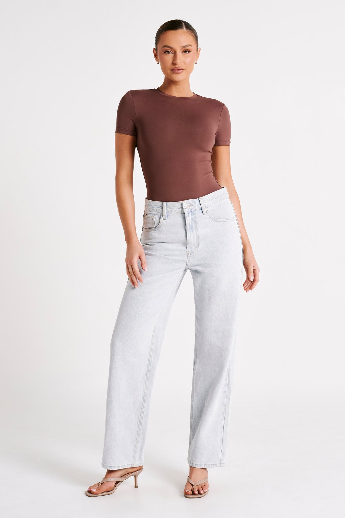 Francesca Recycled Nylon Crew Neck Short Sleeve Bodysuit - Mocha