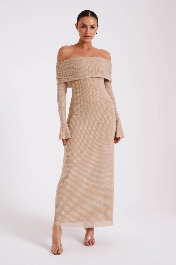 Collective Dress - Marcel Off Shoulder Diamante Maxi Dress - Nude image 5