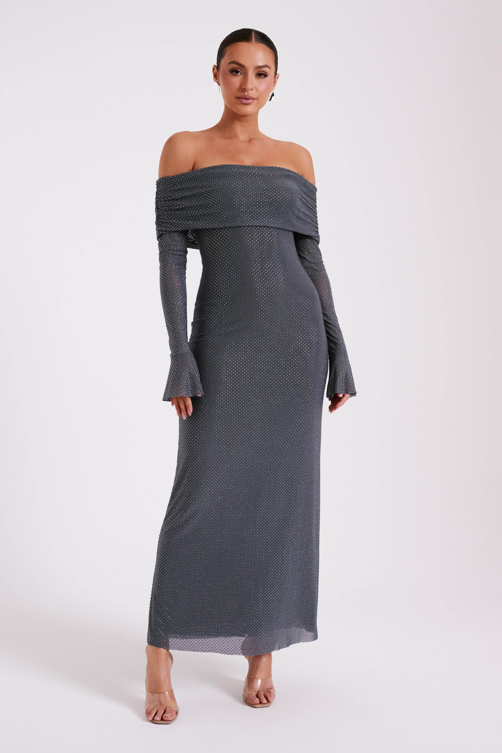 Collective Dress - Marcel Off Shoulder Diamante Maxi Dress - Gunmetal image 6