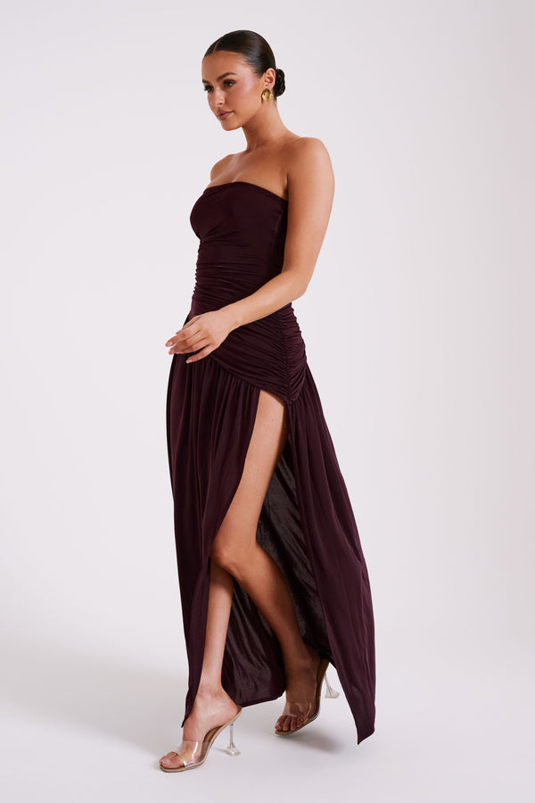 Collective Dress - Bex Strapless Slinky Maxi Dress With Split - Burgundy image 4