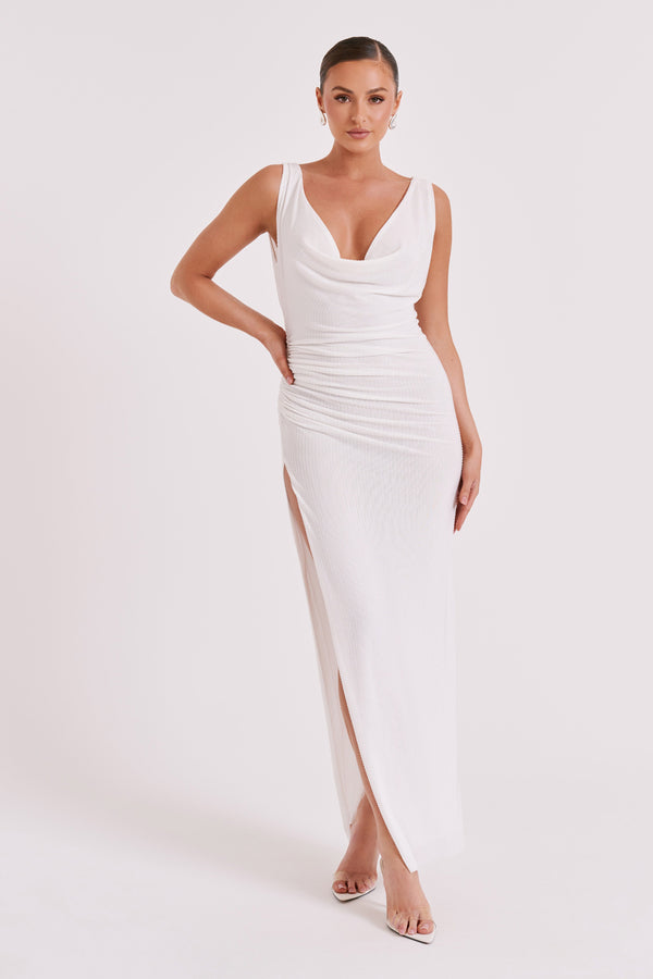 Shop Formal Dress - Laney  Hot Fix Mesh Cowl Maxi Dress - White sixth image