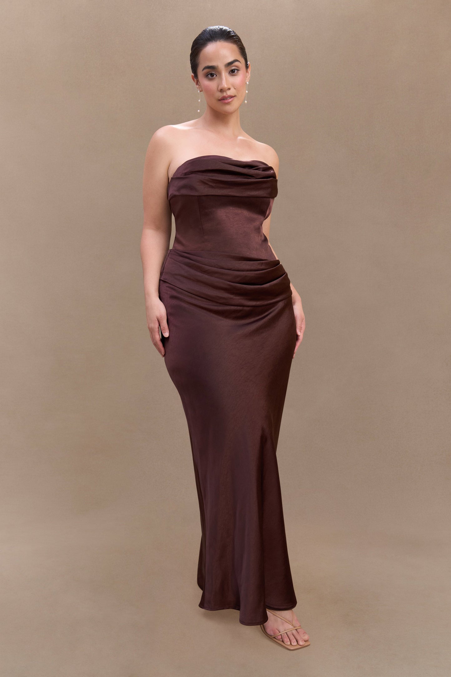 Jasmine Strapless Satin Maxi Dress - Dark Chocolate