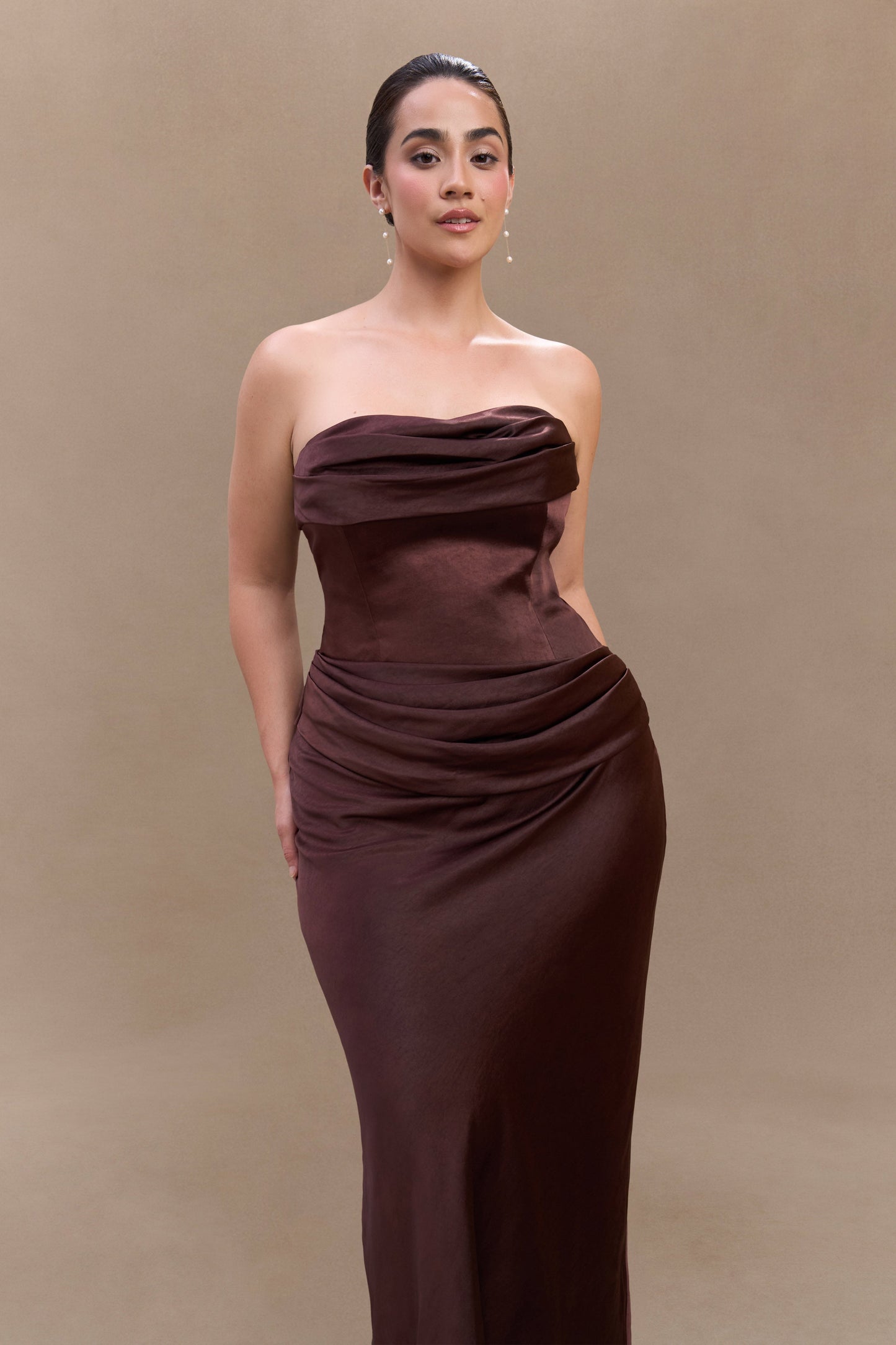 Jasmine Strapless Satin Maxi Dress - Dark Chocolate