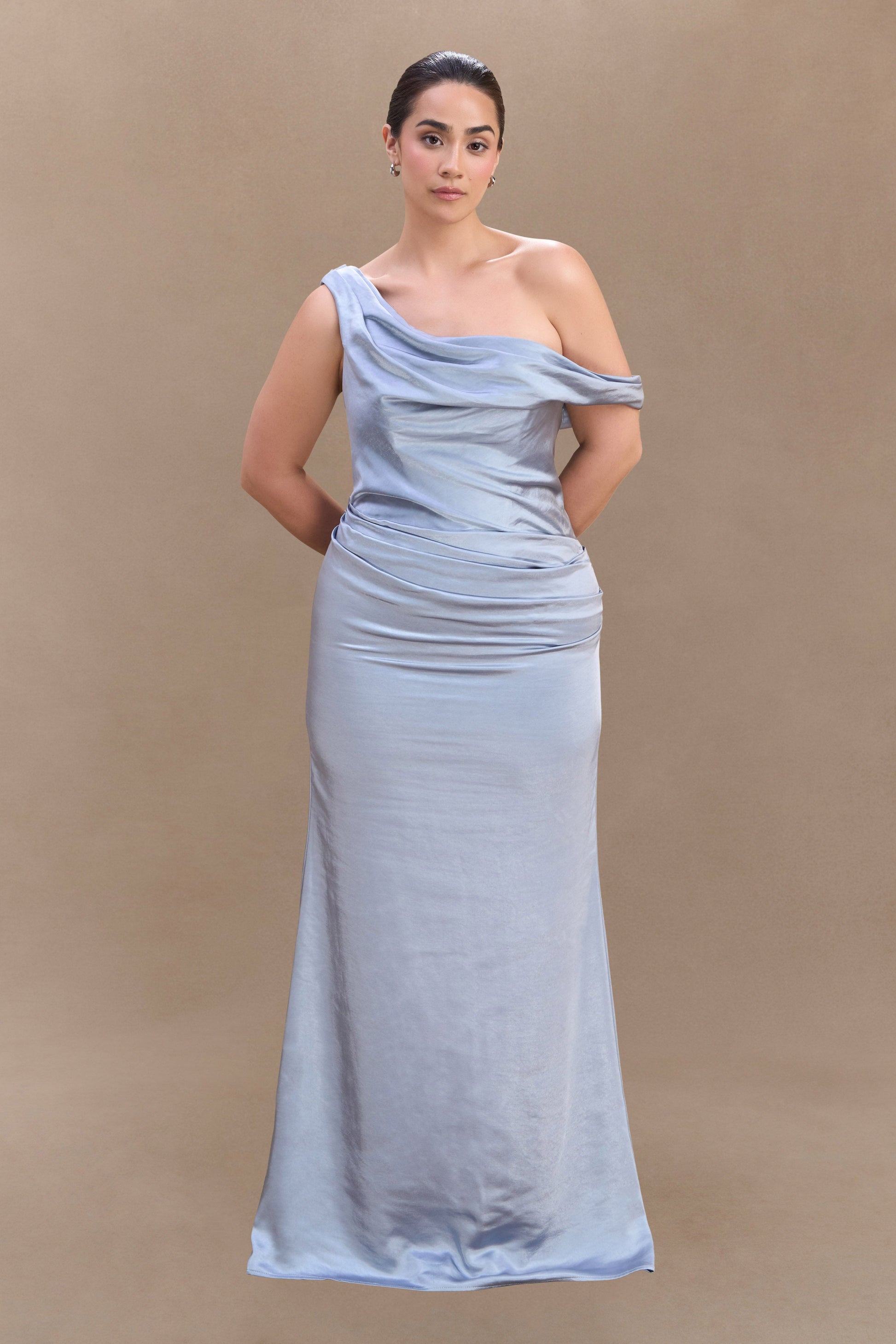 Dalia Off Shoulder Satin Maxi Dress - Frosted Blue - Image 5