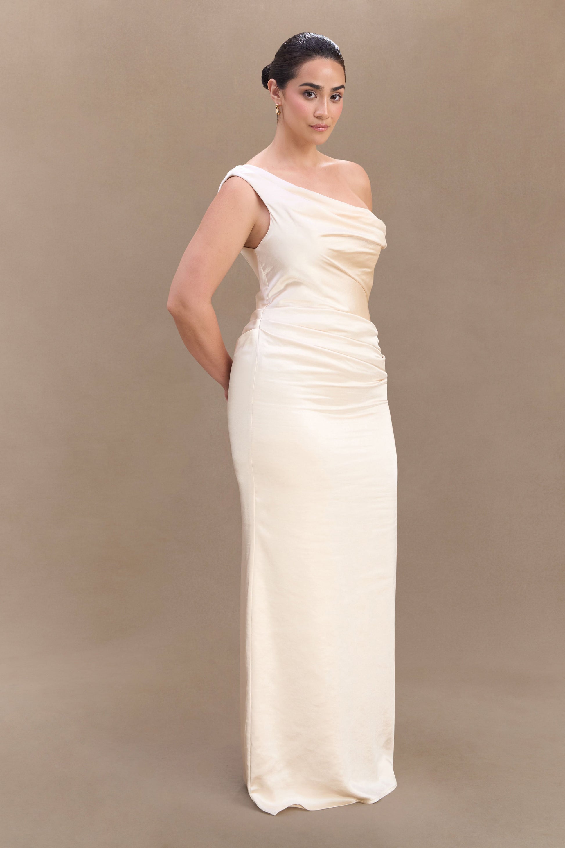 Collective Dress - Dalia Off Shoulder Satin Maxi Dress - Blush Gold image 5