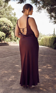 Image of woman in burgundy maxi.
