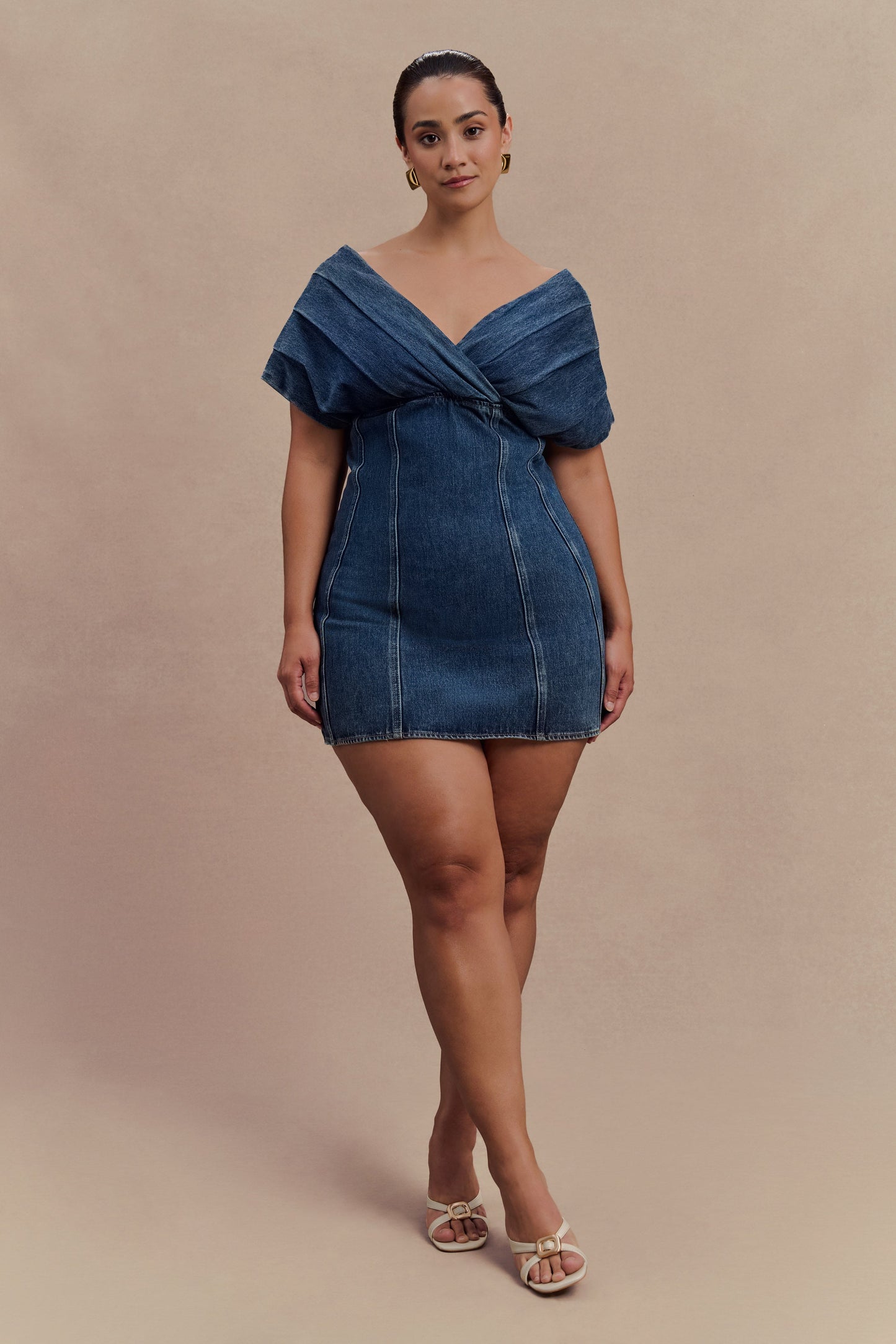 Pascale Off Shoulder Denim Mini Dress - Washed Dark Blue