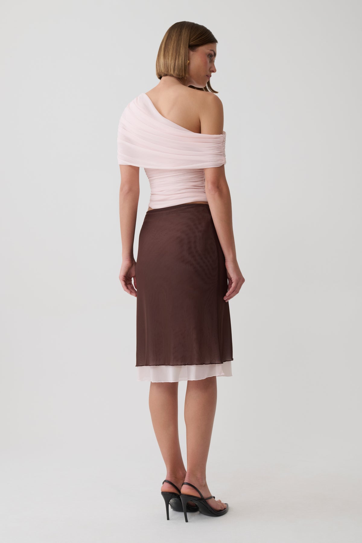 Janet Mesh Midi Skirt - Pale Pink/Chocolate