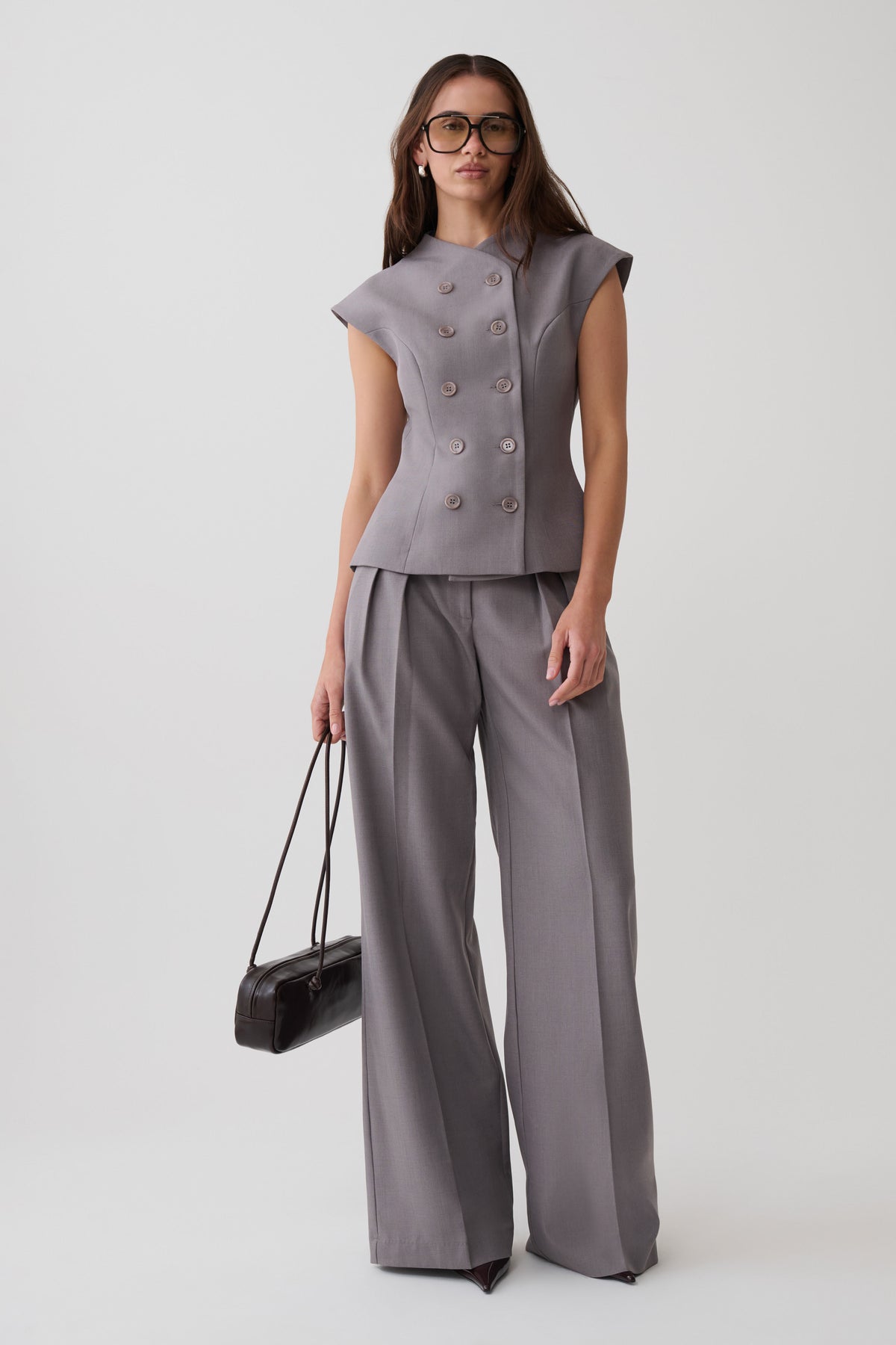 Phoebe Double Breasted Vest - Light Grey Marle