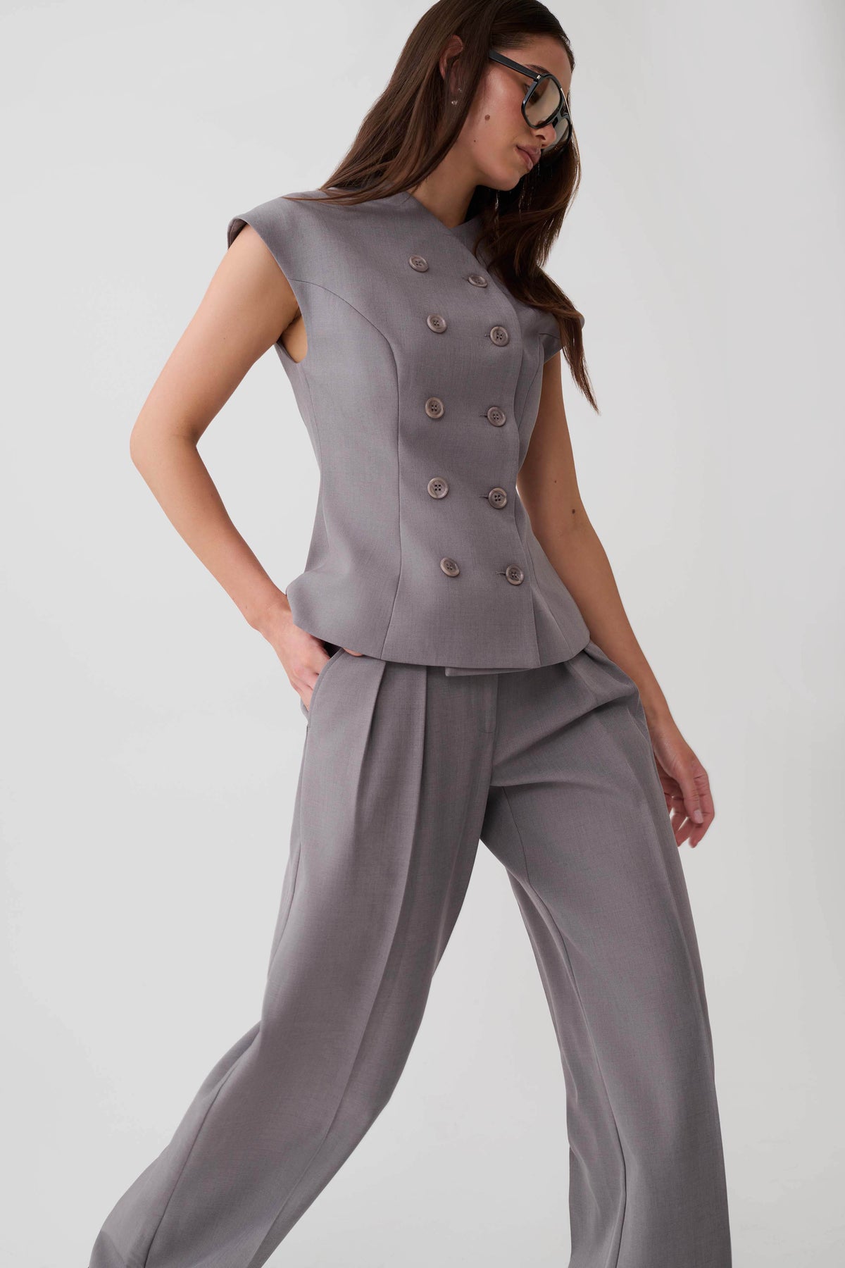Phoebe Double Breasted Vest - Light Grey Marle