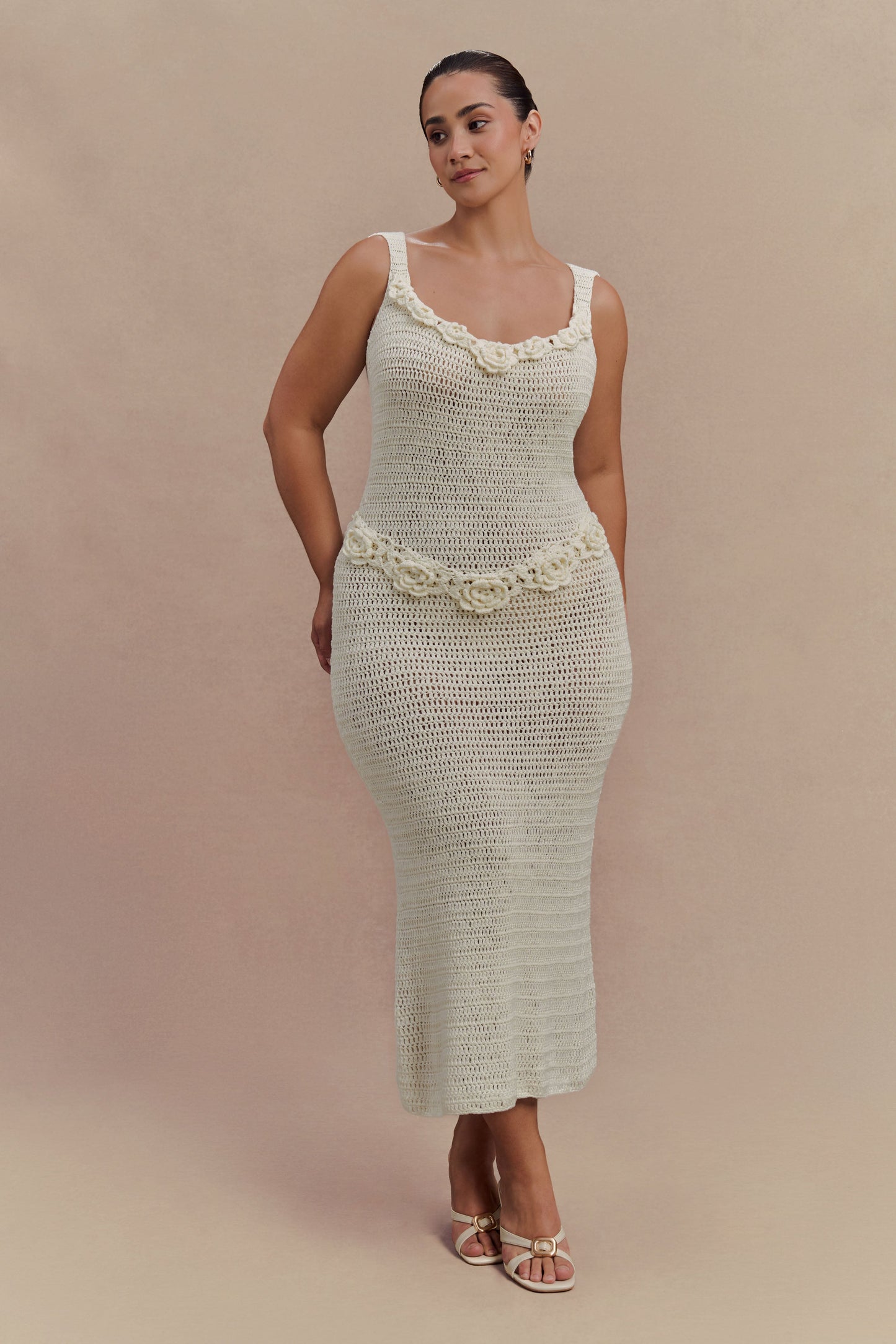 Teagan Floral Hand Crochet Midi Dress - Ivory