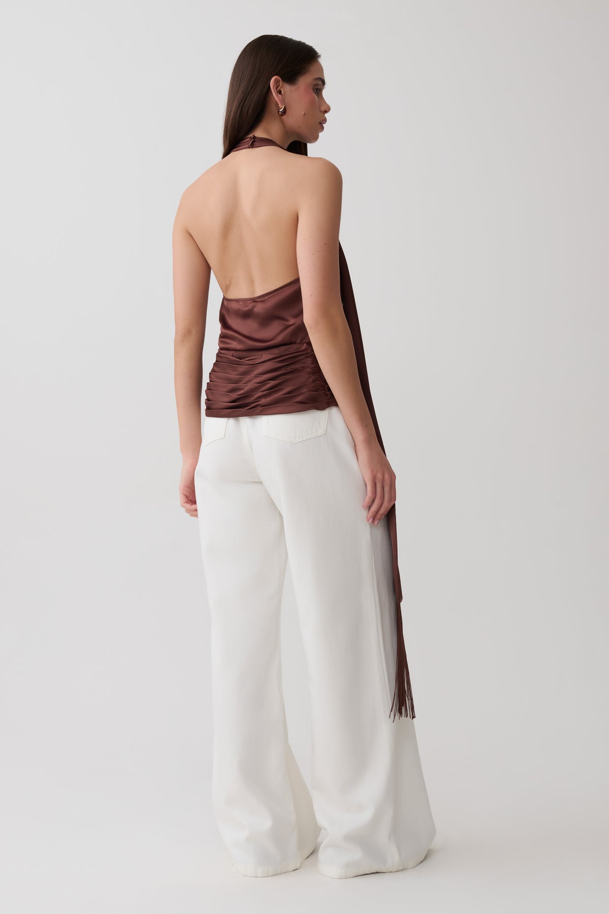 Keena Satin Top With Fringe Scarf - Dark Chocolate