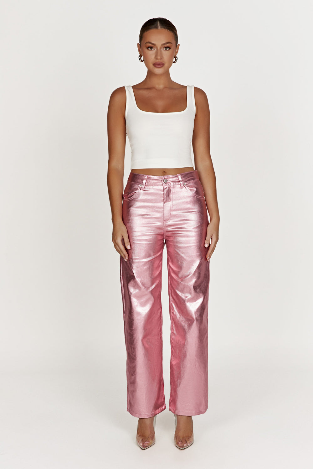 Minnie Metallic Straight Jean - Metallic Pink