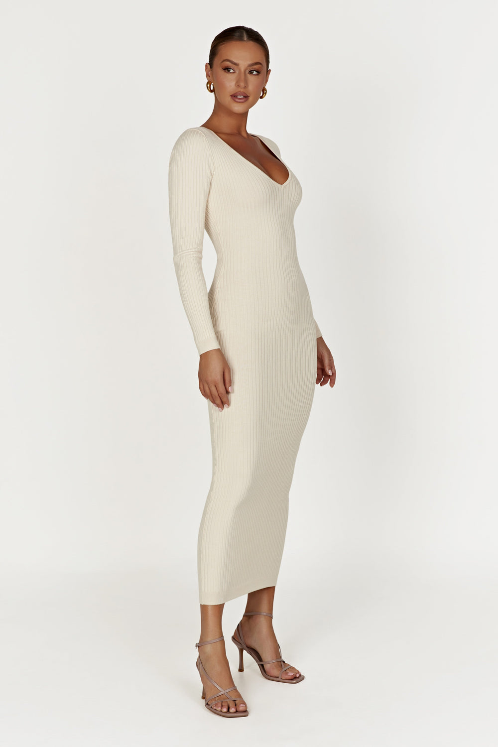 Nina Long Sleeve Knit Midi Dress - Cream