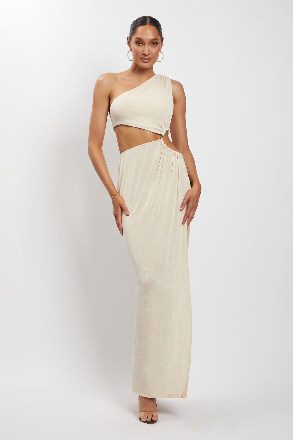 Paige Ruched Side Cut Out Maxi Dress - Nude