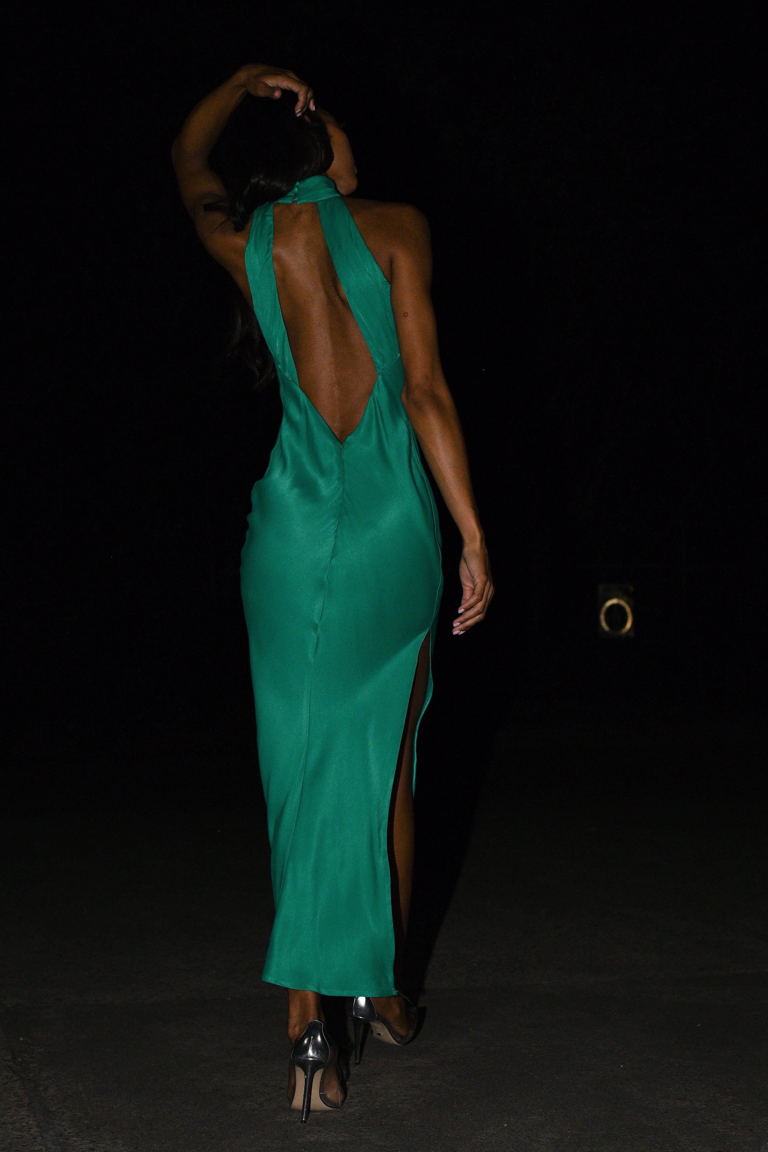 Claire Satin Drape Back Maxi Dress with Split - Green | MESHKI Claire Satin Drape Back Maxi Dress with Split - Green | MESHKI