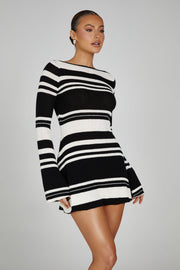 Zahra Long Sleeve Open Back Mini Knit Dress - Black/White