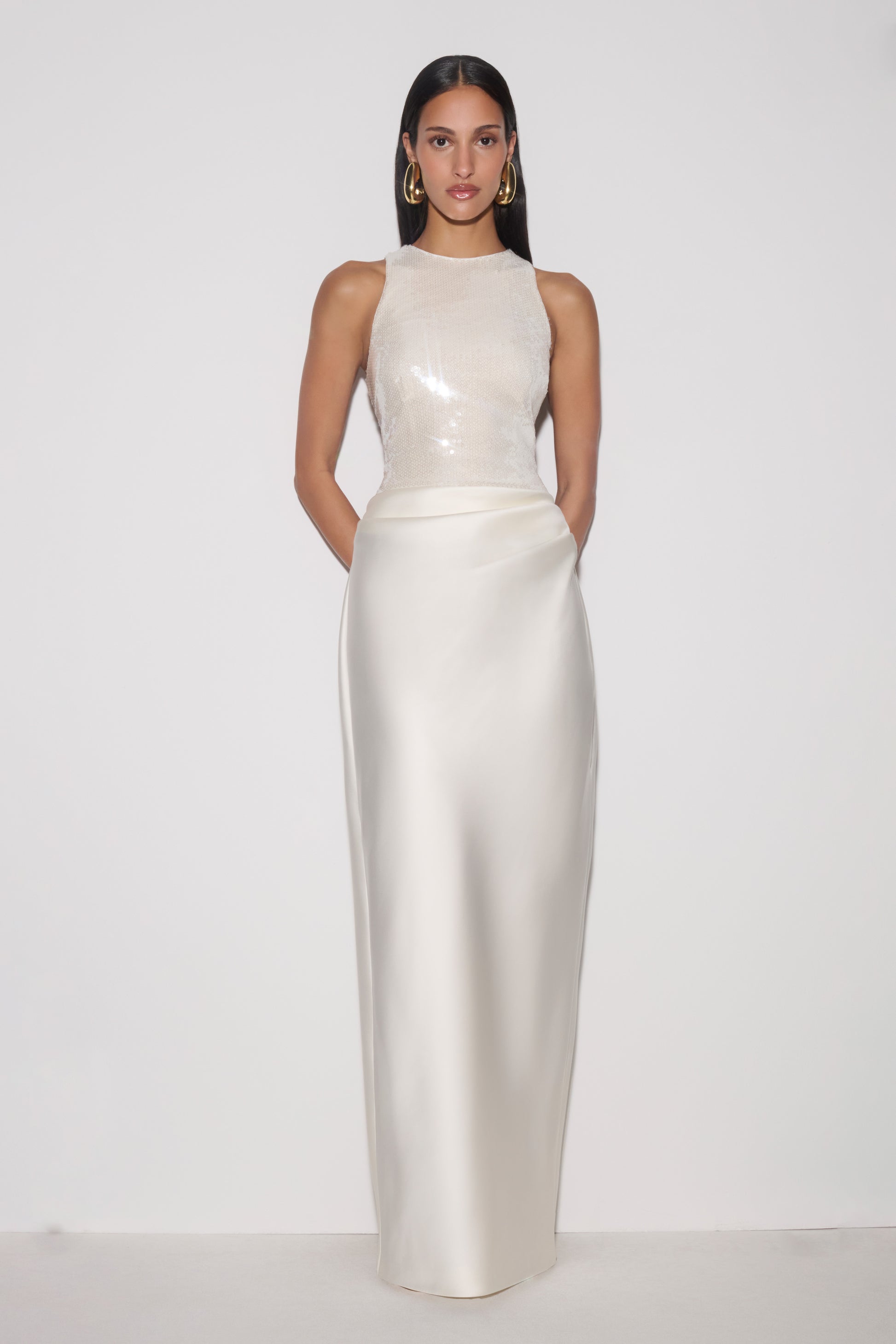Addison Sequin & Satin Maxi Dress - White