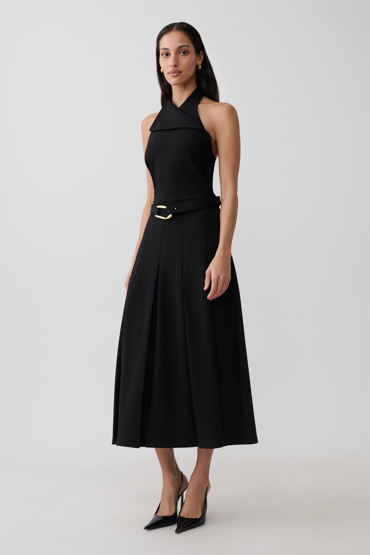 Alecto Crepe Halter Midi Dress With Belt - Black #5