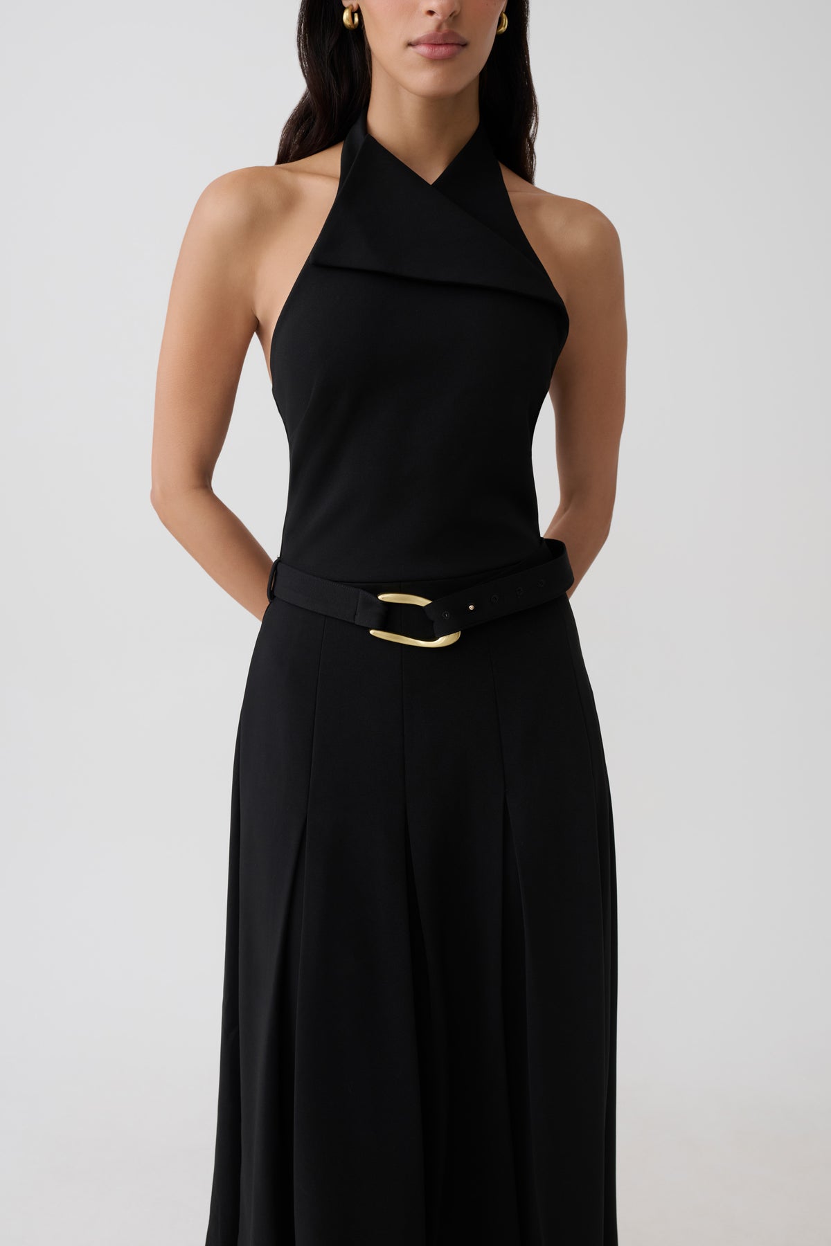 Alecto Crepe Halter Midi Dress With Belt - Black #3