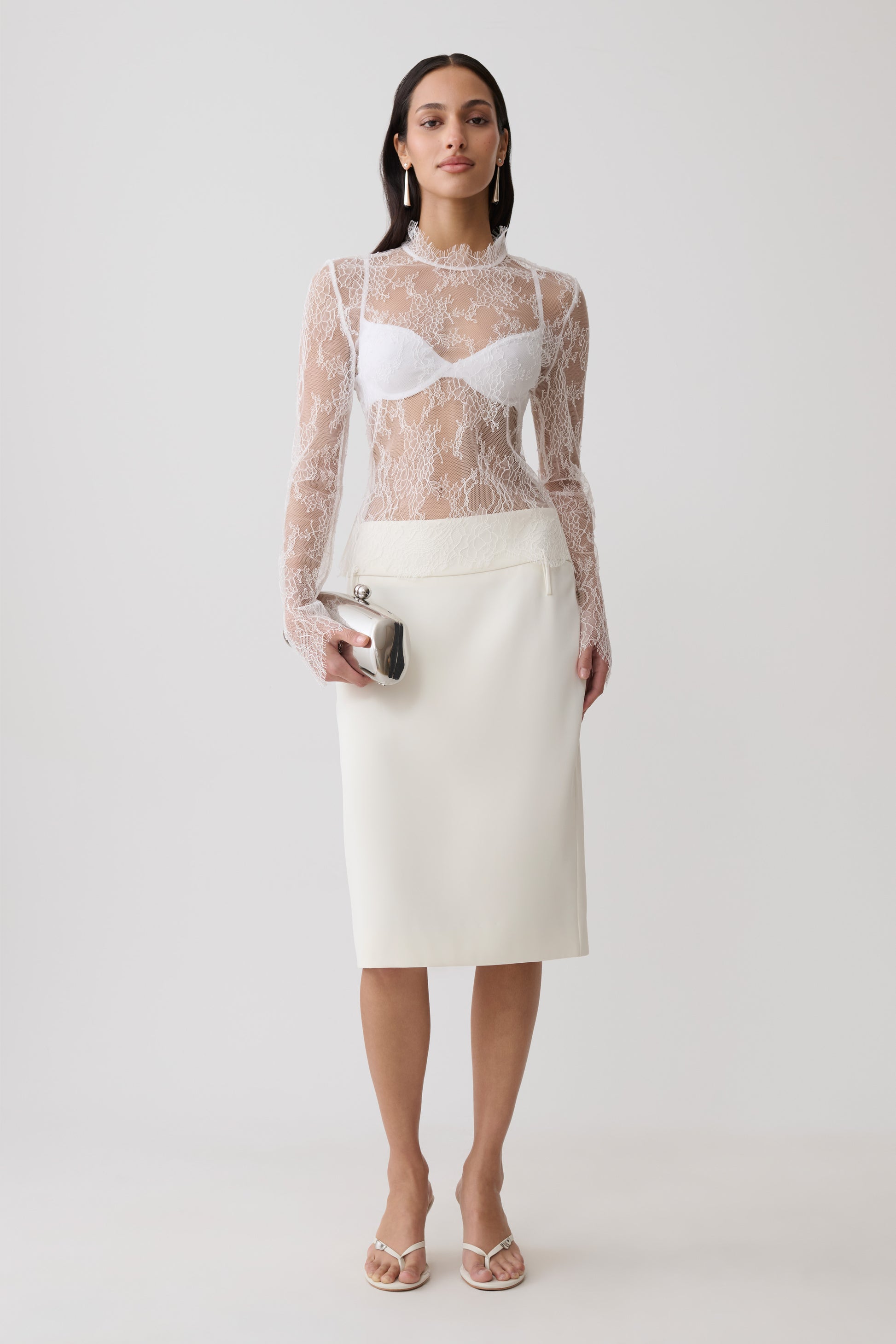 Alizette High Neck Long Sleeve Lace Top - Ivory #11