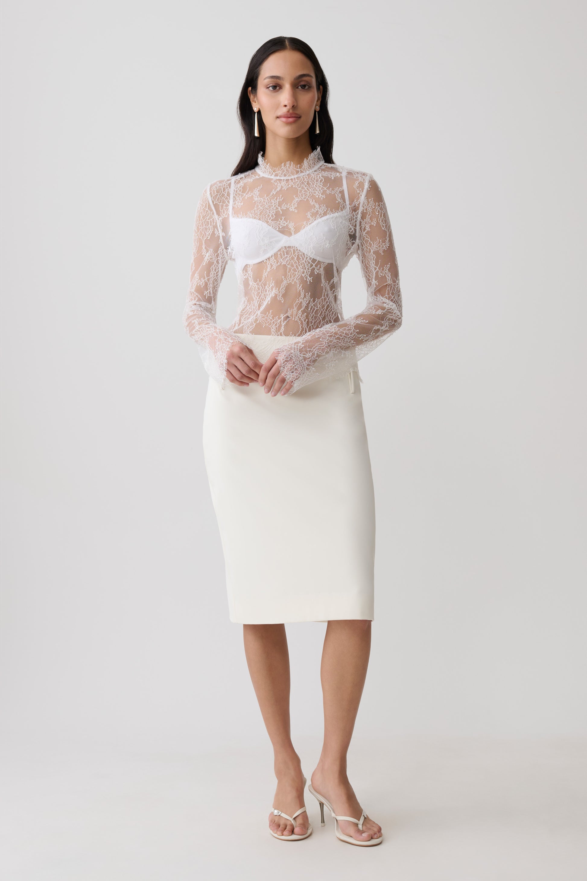 Alizette High Neck Long Sleeve Lace Top - Ivory #9
