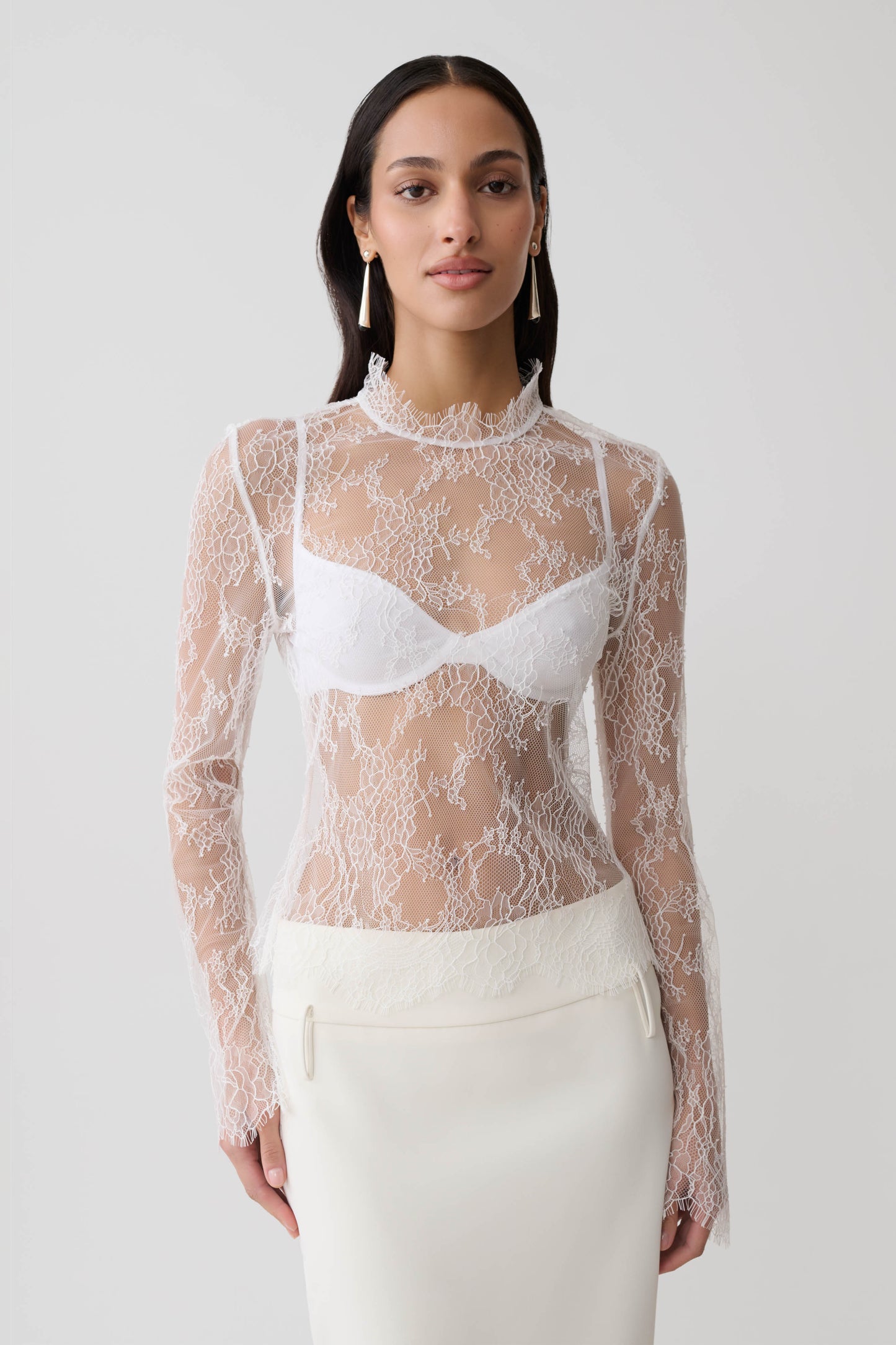 Alizette High Neck Long Sleeve Lace Top - Ivory