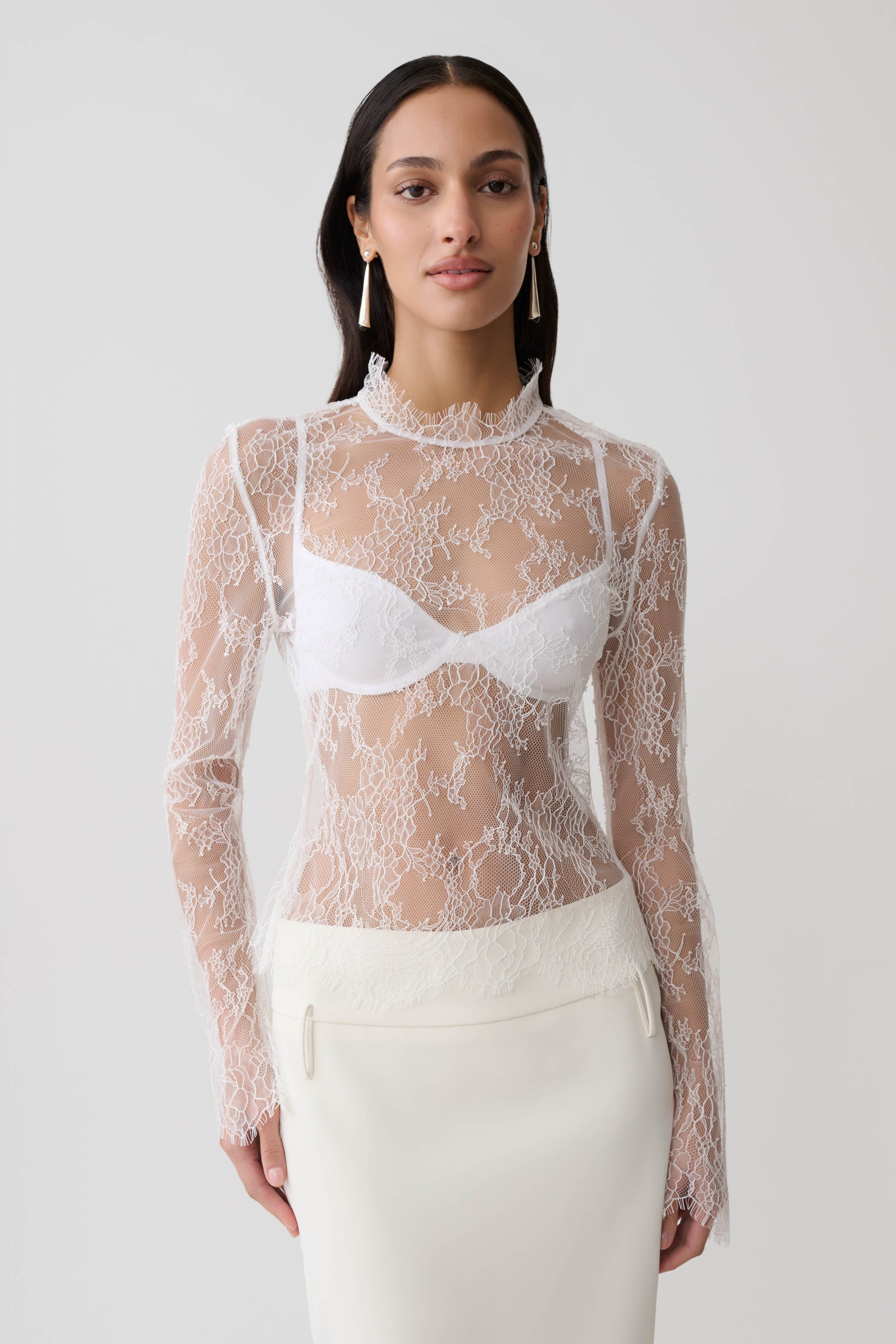 Alizette High Neck Long Sleeve Lace Top - Ivory #7