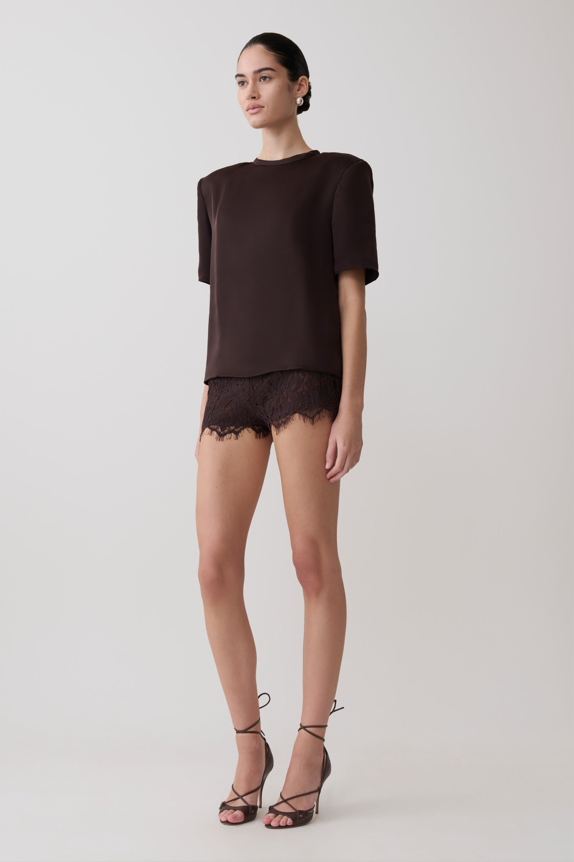 Harlyn Shoulder Pad Short Sleeve Satin Top - Dark Chocolate #4