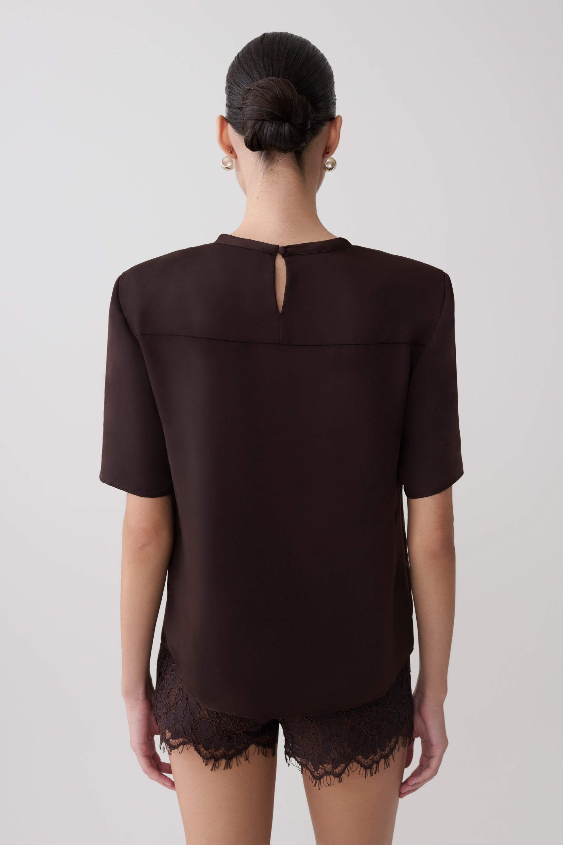 Harlyn Shoulder Pad Short Sleeve Satin Top - Dark Chocolate #2