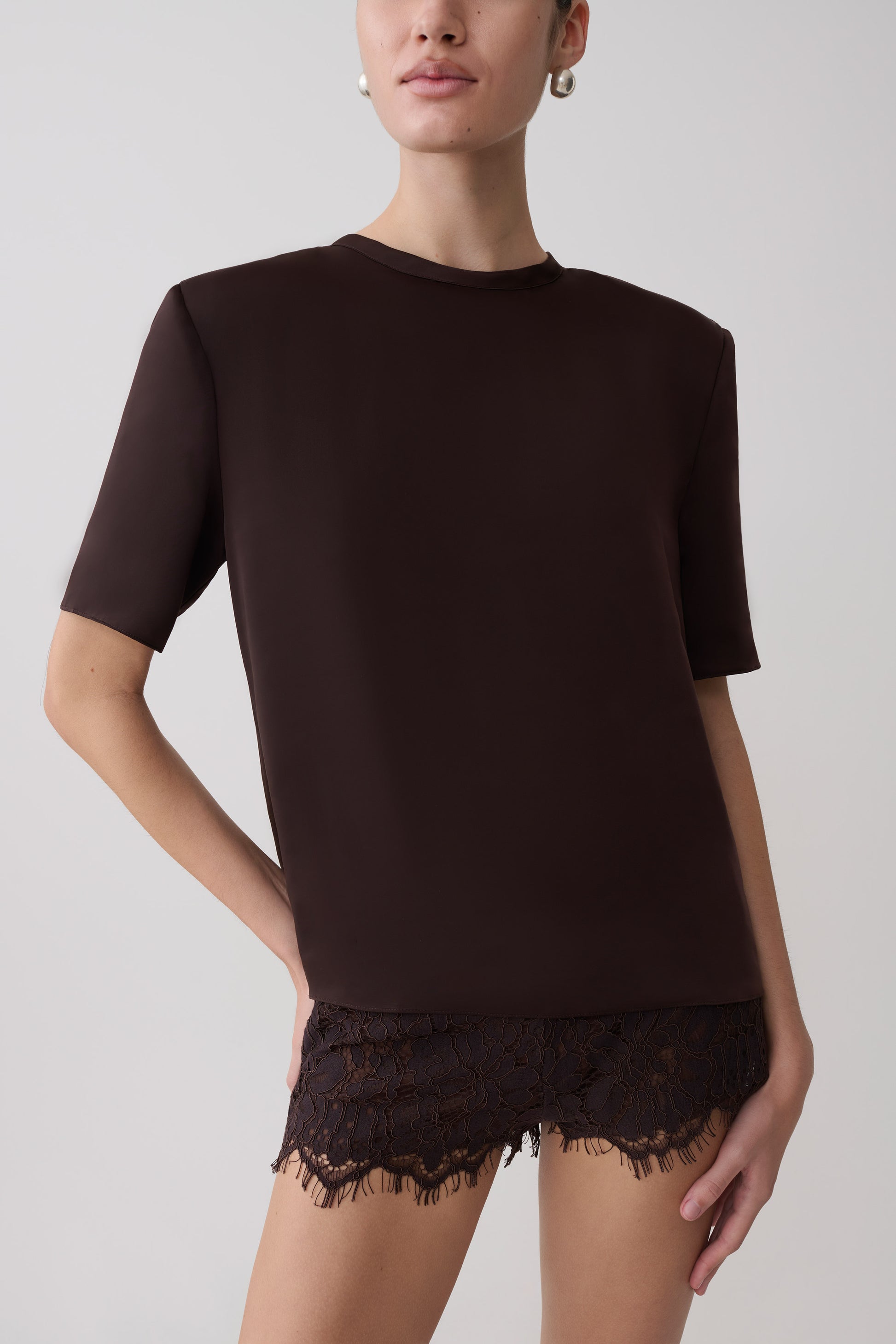 Harlyn Shoulder Pad Short Sleeve Satin Top - Dark Chocolate #3