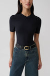 Janelle High V Neck Short Sleeve Top - Black