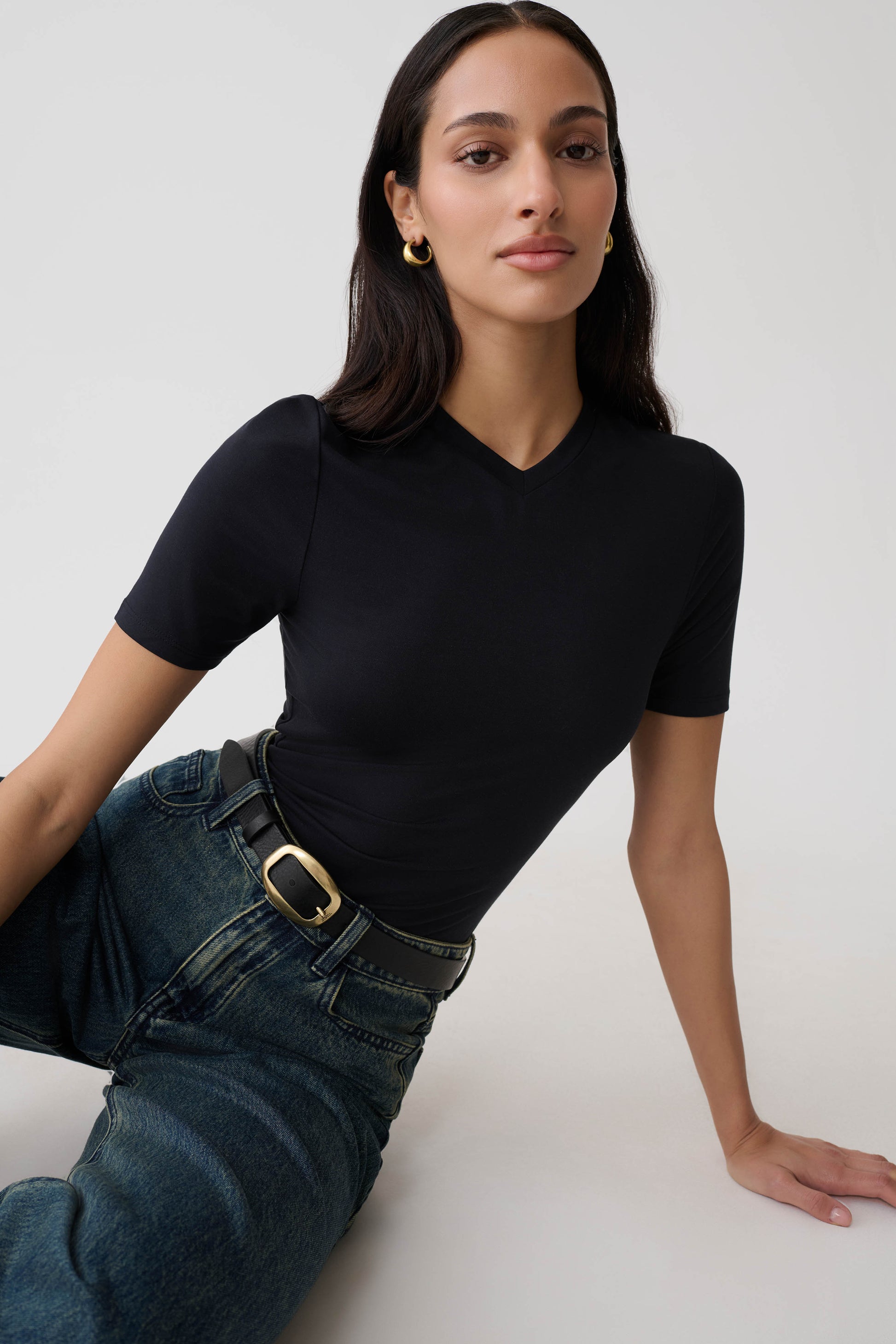 Janelle High V Neck Short Sleeve Top - Black #3