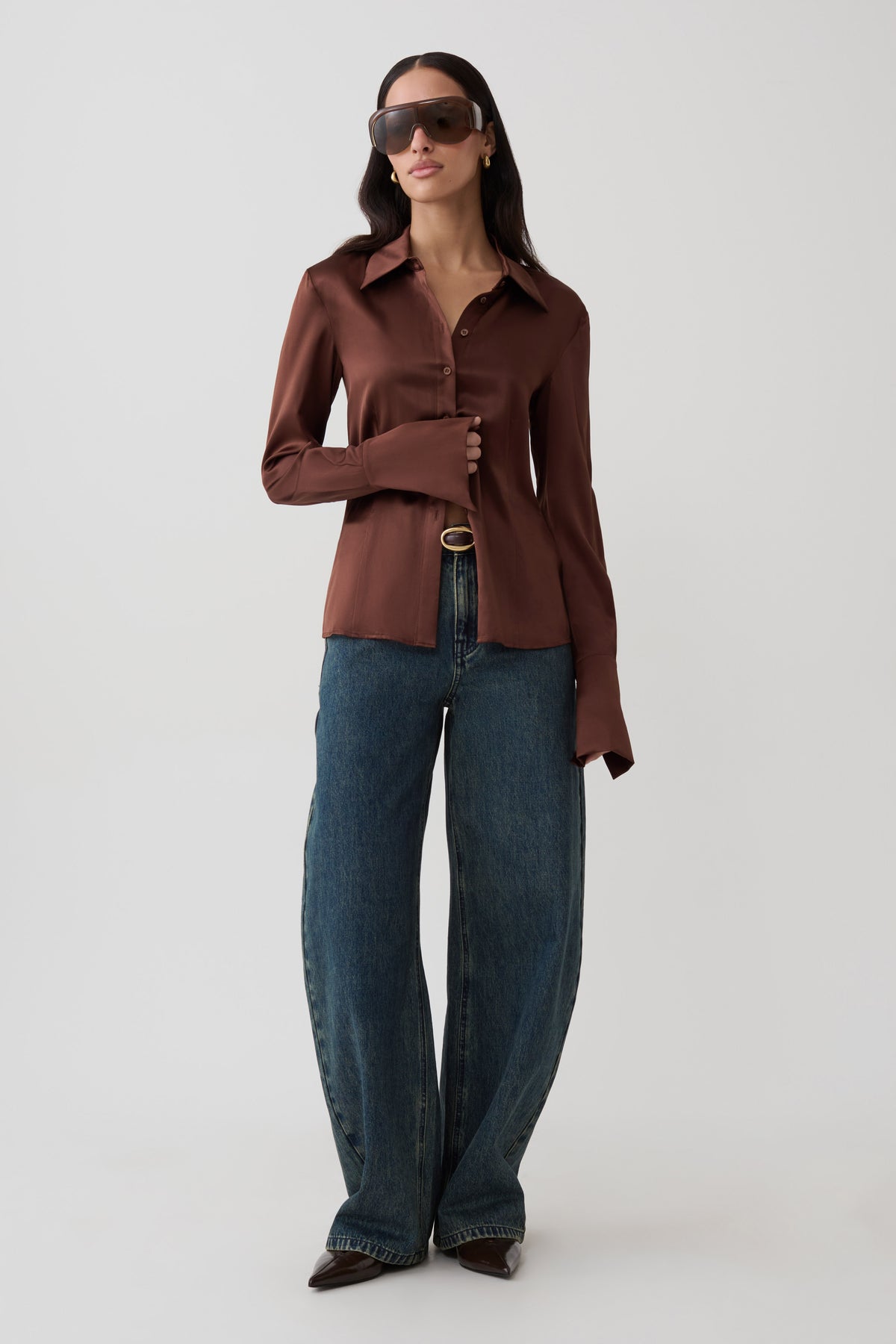 Queenie Silk Long Sleeve Shirt - Dark Chocolate