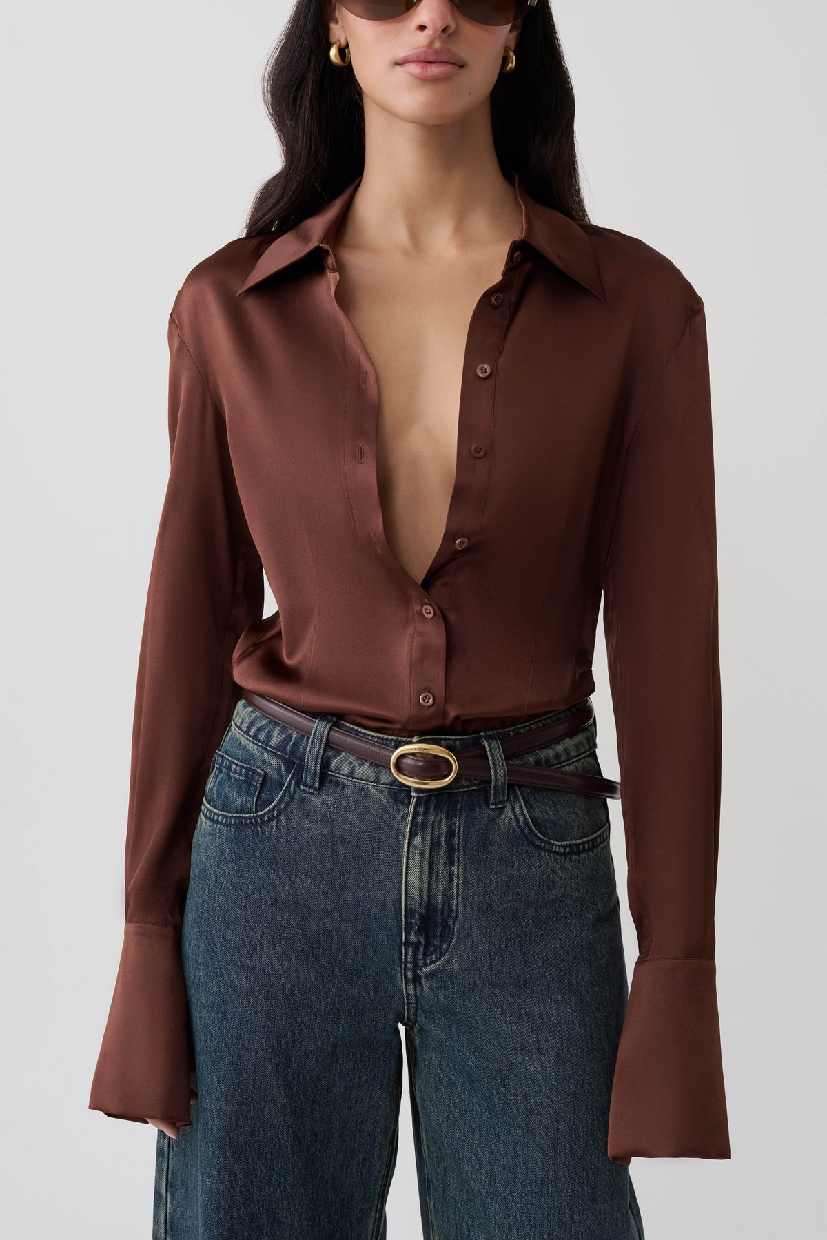 Queenie Silk Long Sleeve Shirt - Dark Chocolate