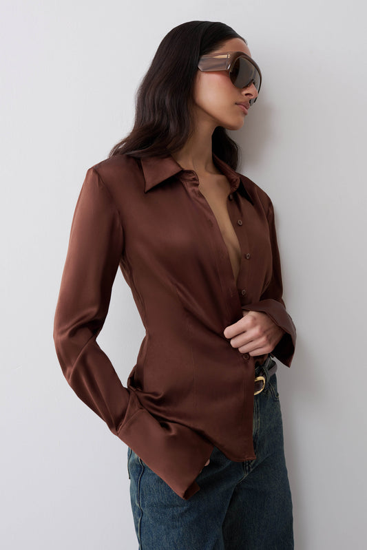 Queenie Silk Long Sleeve Shirt - Dark Chocolate